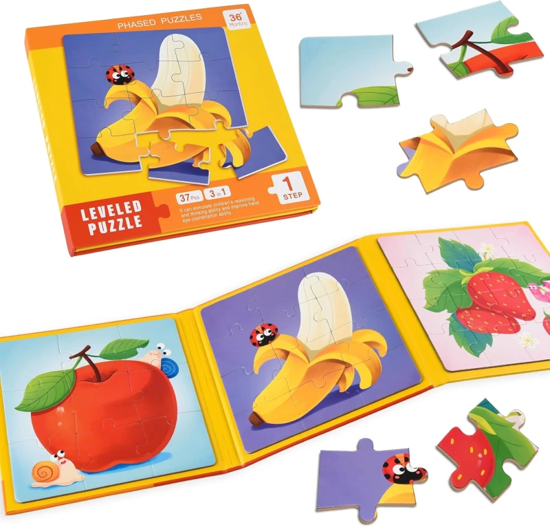LEVELED PUZZLE - 3 in 1 Phased Magnetic Puzzle, Fruits Puzzles 37 PCs Preschool STEM Learning - Suitable for Ages 3 Years & Up (Step 1 B)